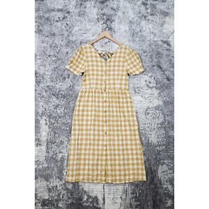 New Hayden Yellow Gingham Plaid Puff Sleeve Tie Back Button Midi Dress Size L